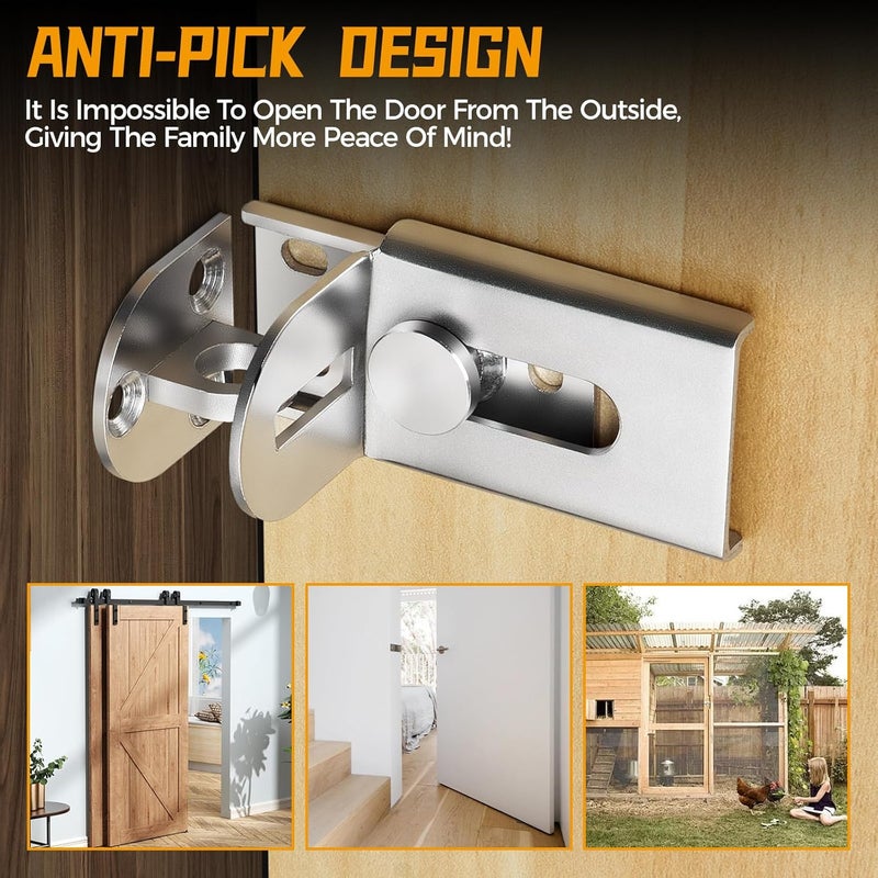 GMSP Sliding Door Lock, 90 Degree Door Hasp Latch Lock, Stainless Steel Security Right Angle Padlock with Screws for Push/Sliding/Barn Doors (2PC, Silver) - Image 3